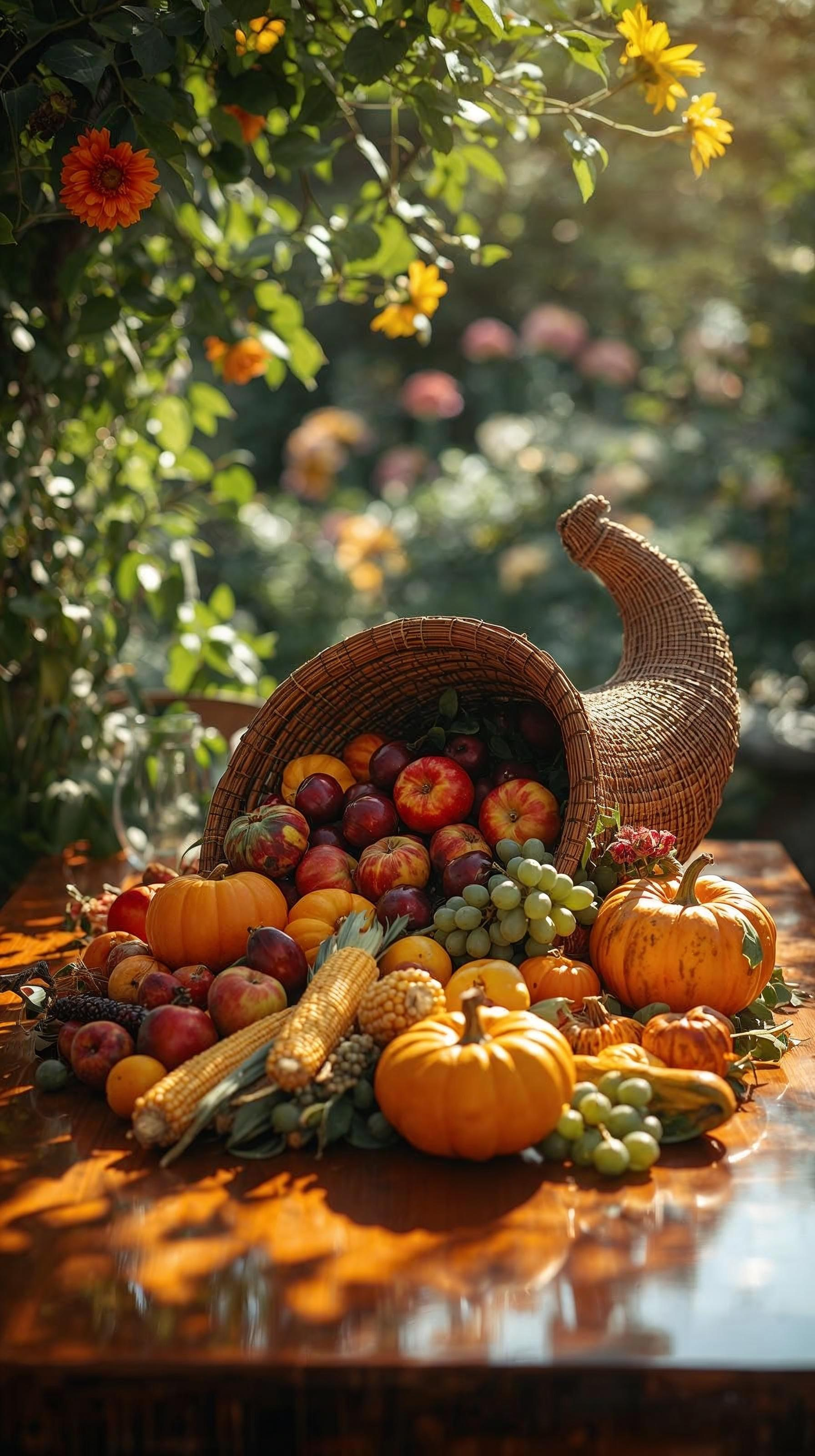 a cornucopia on a table in a beautiful garden